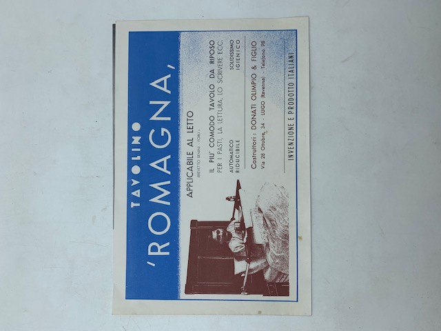 Tavolino Romagna applicabile al letto. Il più comdo tavolo da riposo per i pasti, la lettura, lo scrivere (pieghevole pubblicitario)